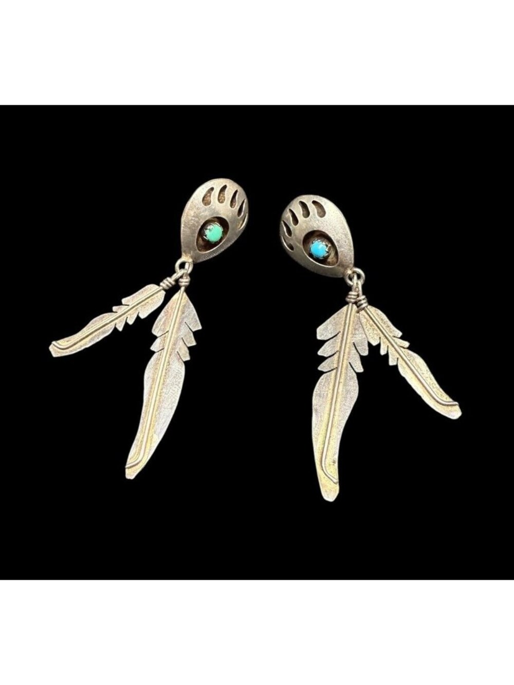 Vintage Native American Sterling Silver Turquoise Bear Paw Feather Earrings
